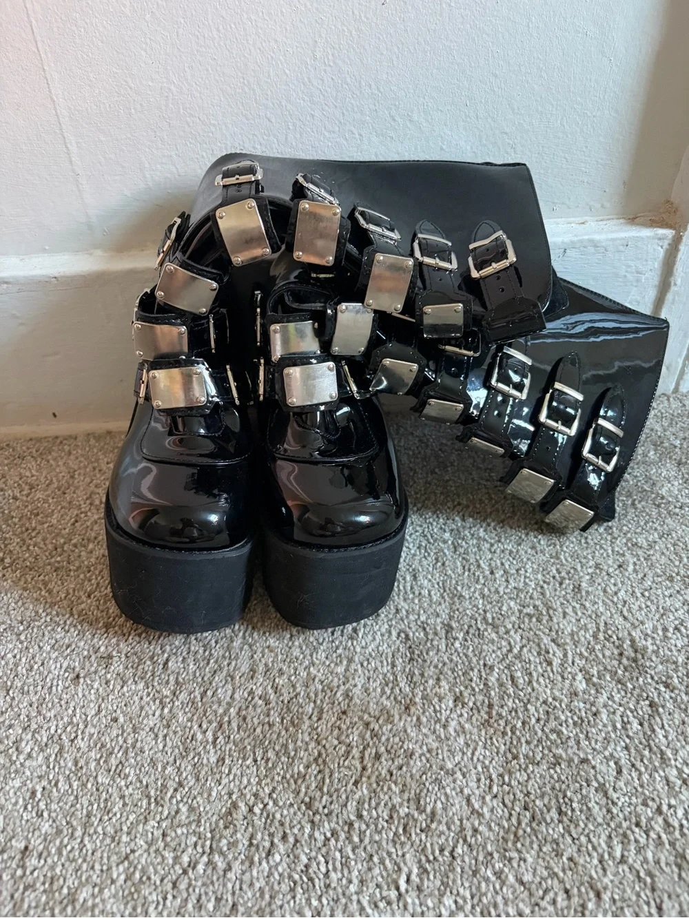 Patent Black Platform Buckle Boots - Women